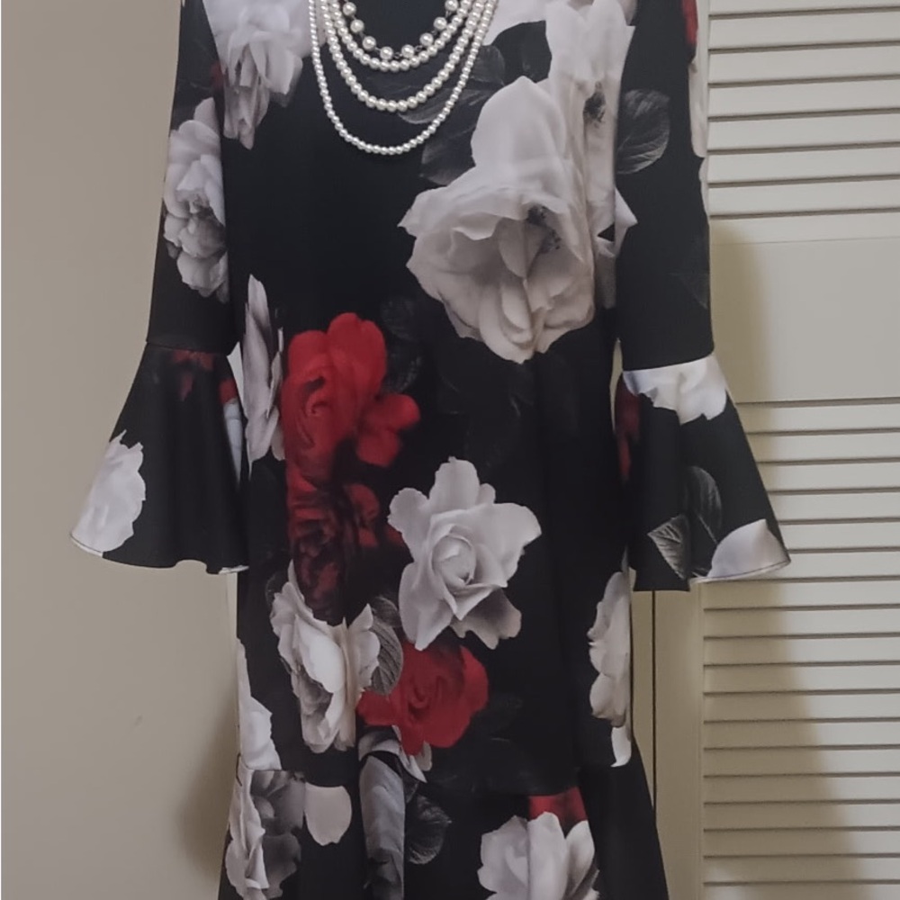 Calvin Klein Black Dress with Red and White Floral Pattern